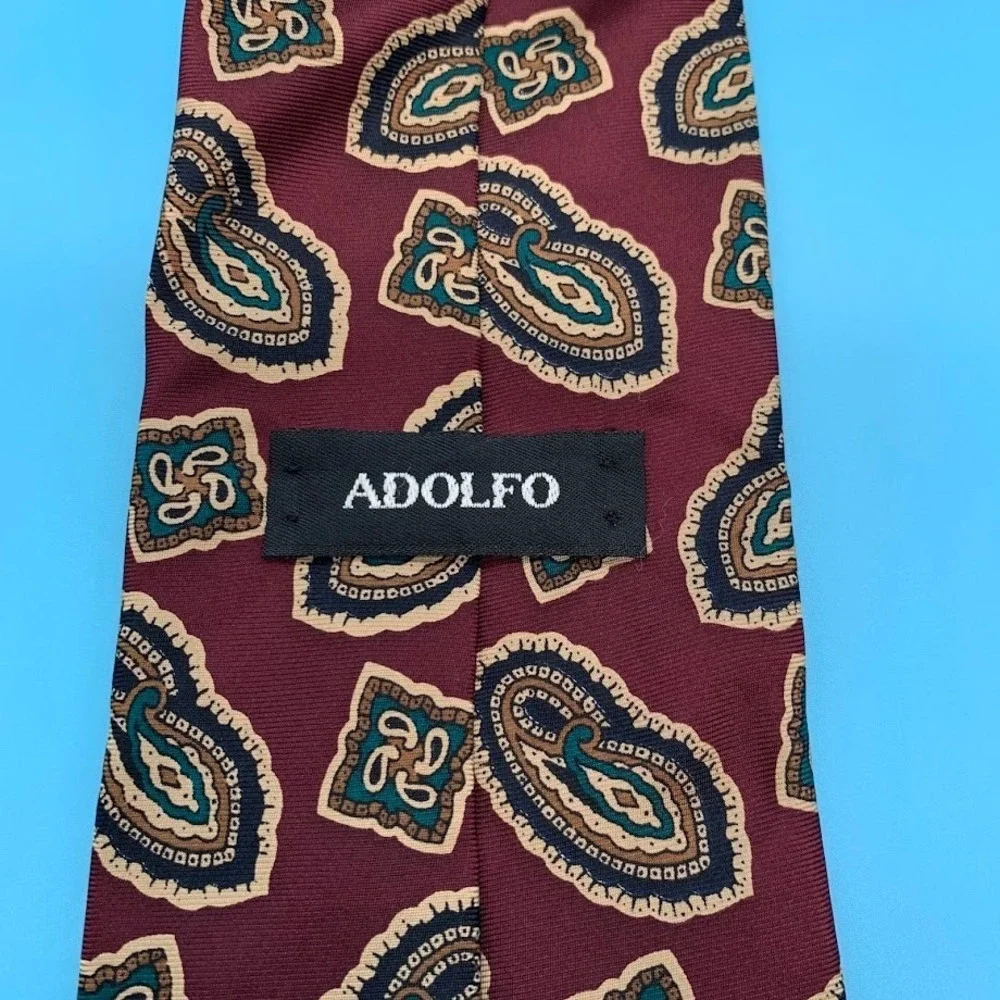 Adolfo Burgundy Geometric Paisley Print Silk Men's Classic Neck Tie